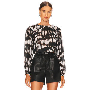 Bella Dahl Elastic Shirred Blurred Top Sz S Ikat Brown Long Sleeve Blouse NWT